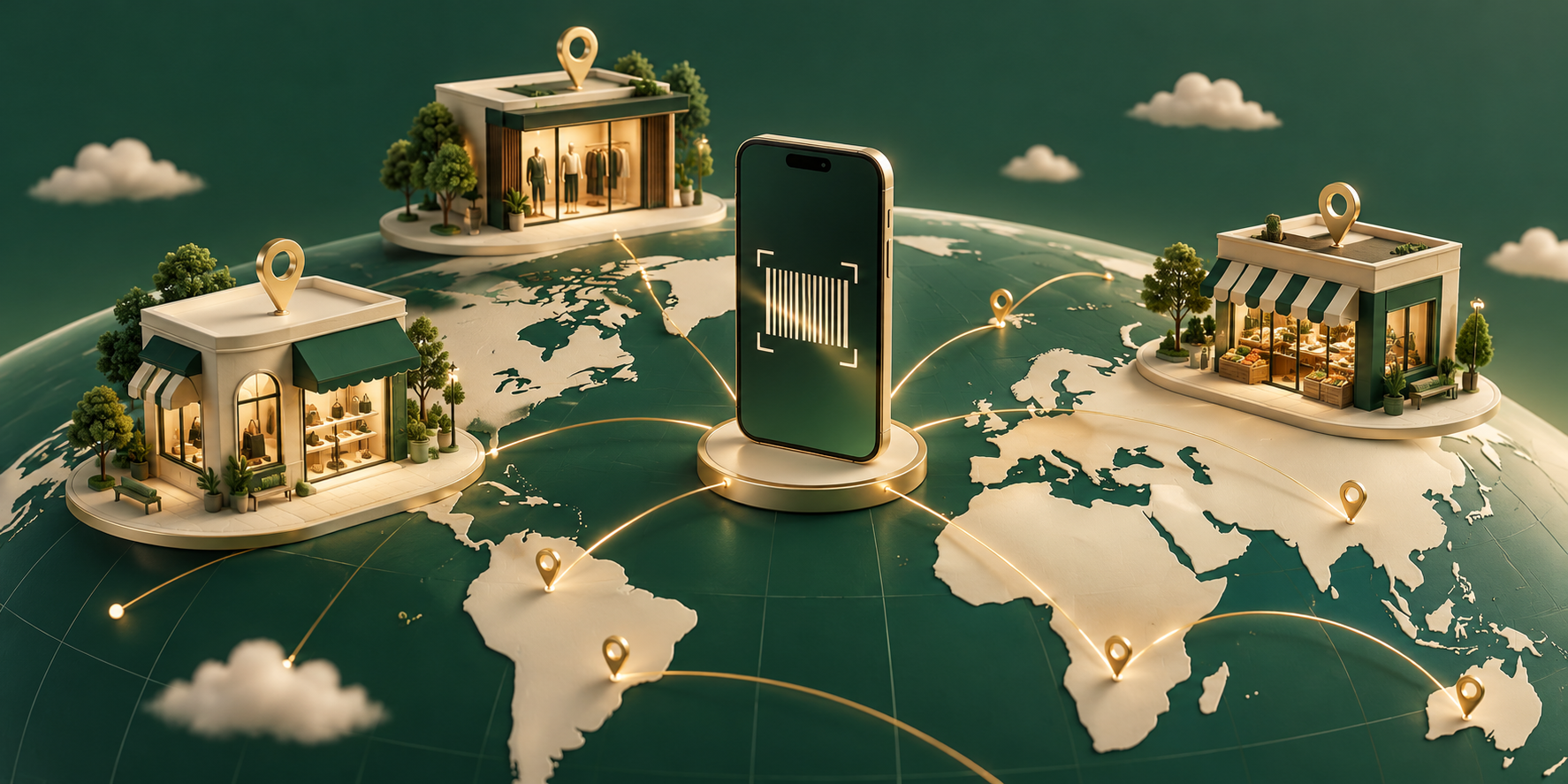 A phone connects stores and location pins around the world